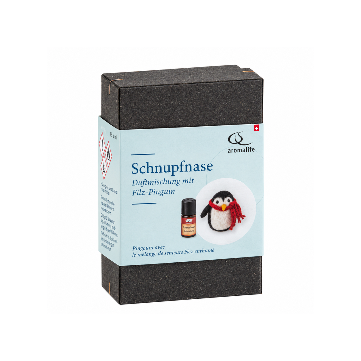 Coffret cadeau pingouin en feutrine avec mélange d'huiles essentielles Nez qui coule 5 ml