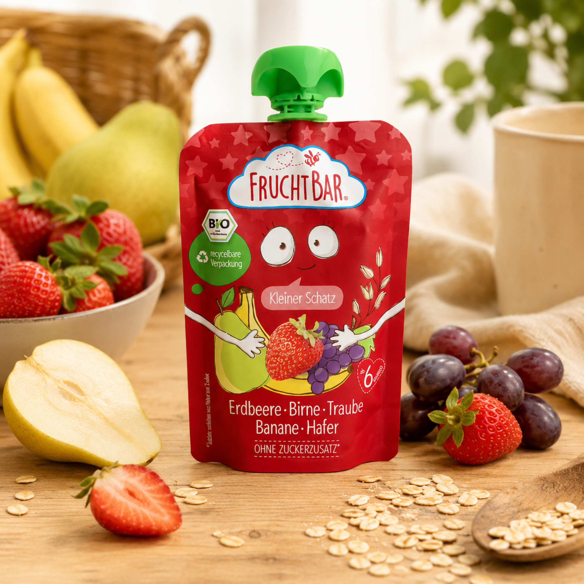 Quetschbeutel Erdbeere, Birne, Traube, Banane und Hafer Bio 100g