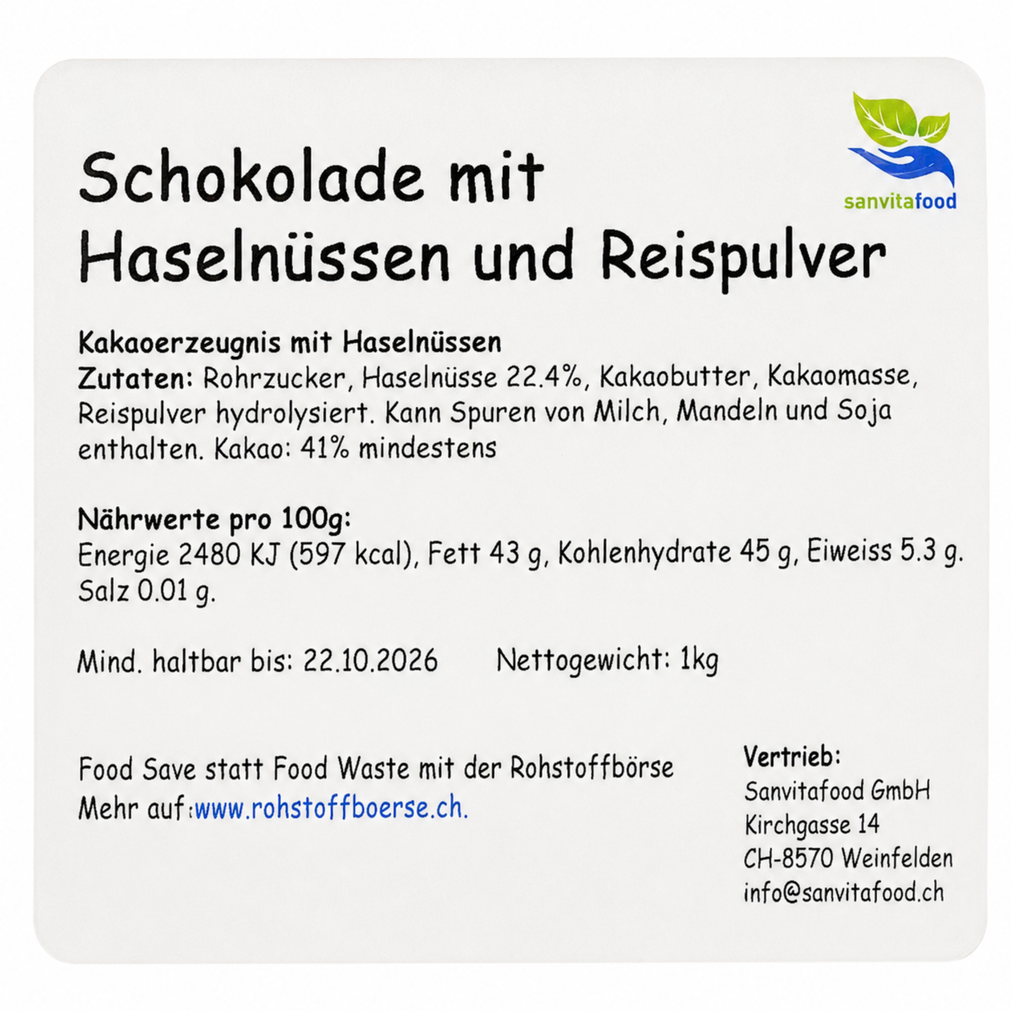 Schokolade Bruch mit Haselnüssen und Reispulver 1kg