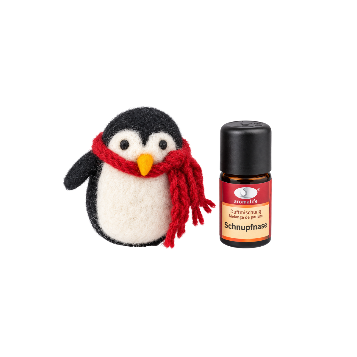 Coffret cadeau pingouin en feutrine avec mélange d'huiles essentielles Nez qui coule 5 ml