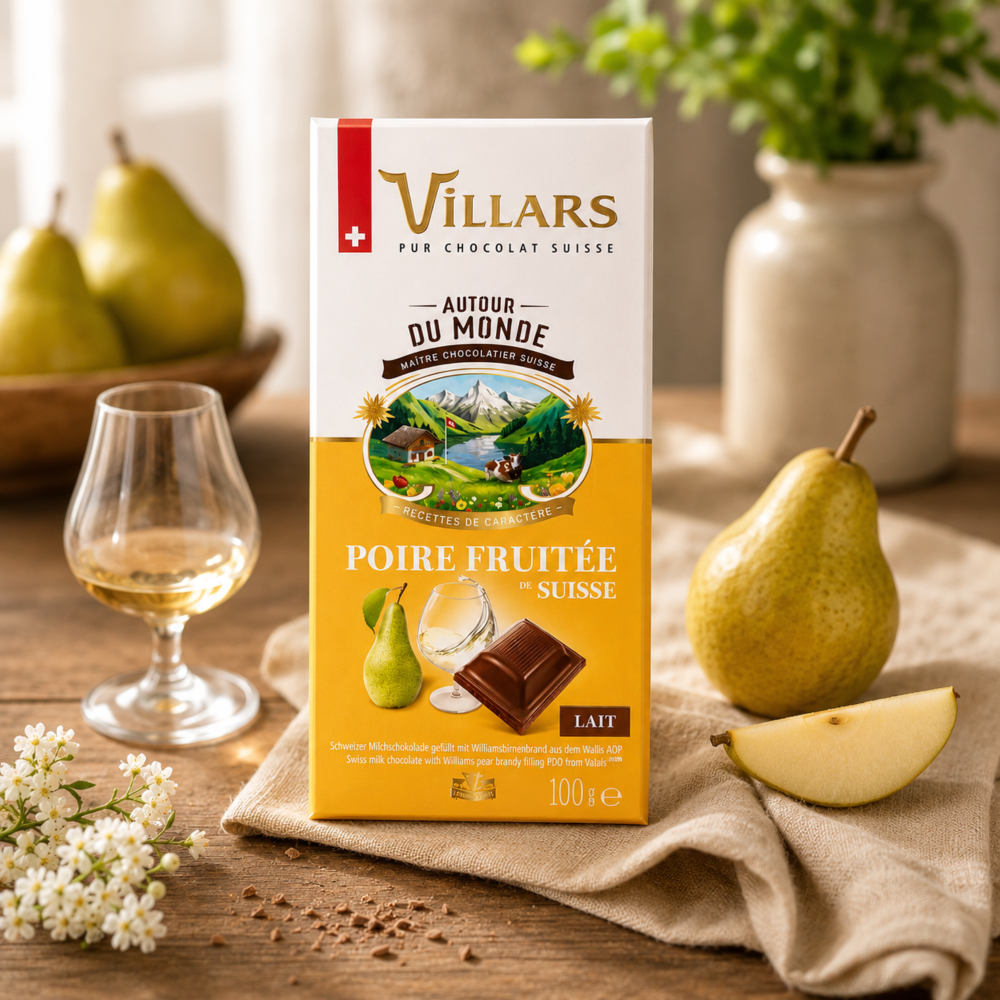 Schweizer Milchschokolade mit Williams-Birnenlikör 100g