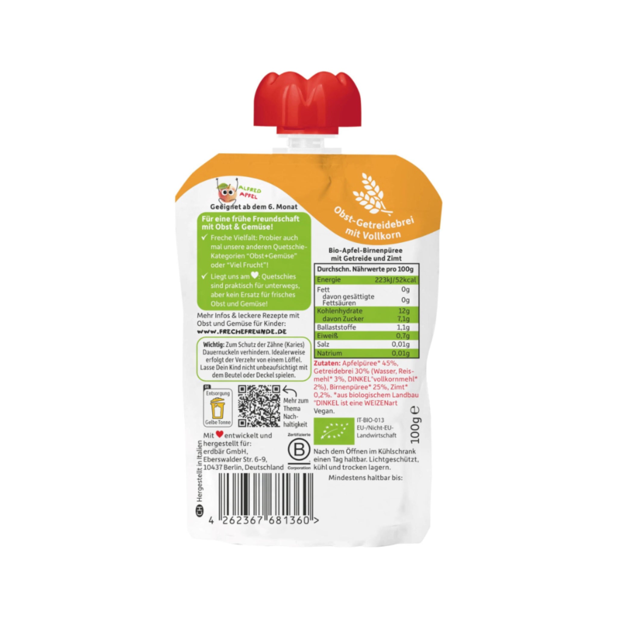 Quetschbeutel Apfel Birne Zimt Reis und Dinkel Bio 6 x 100g