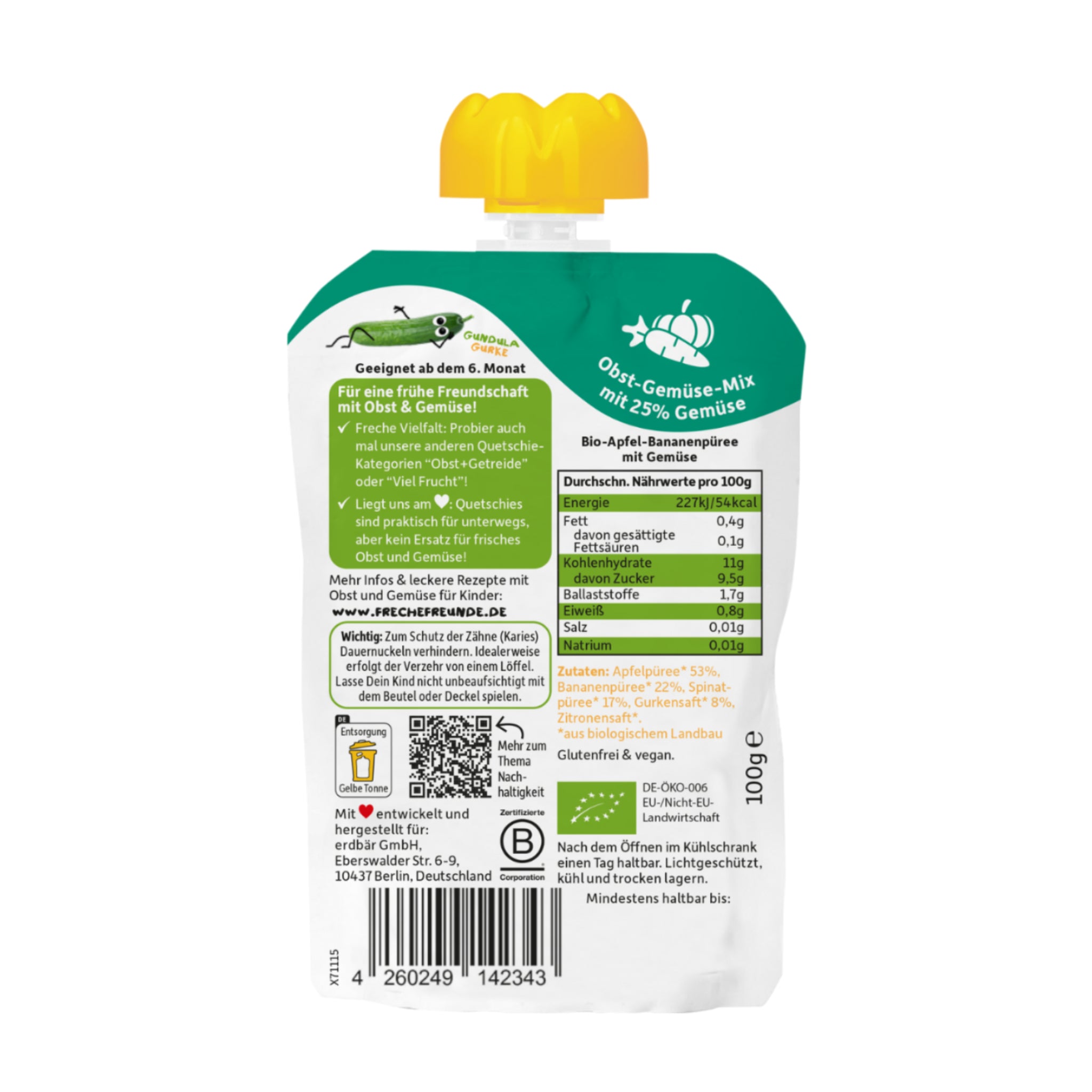 Sachets de pommes, bananes, épinards et concombres bio à presser 100 g