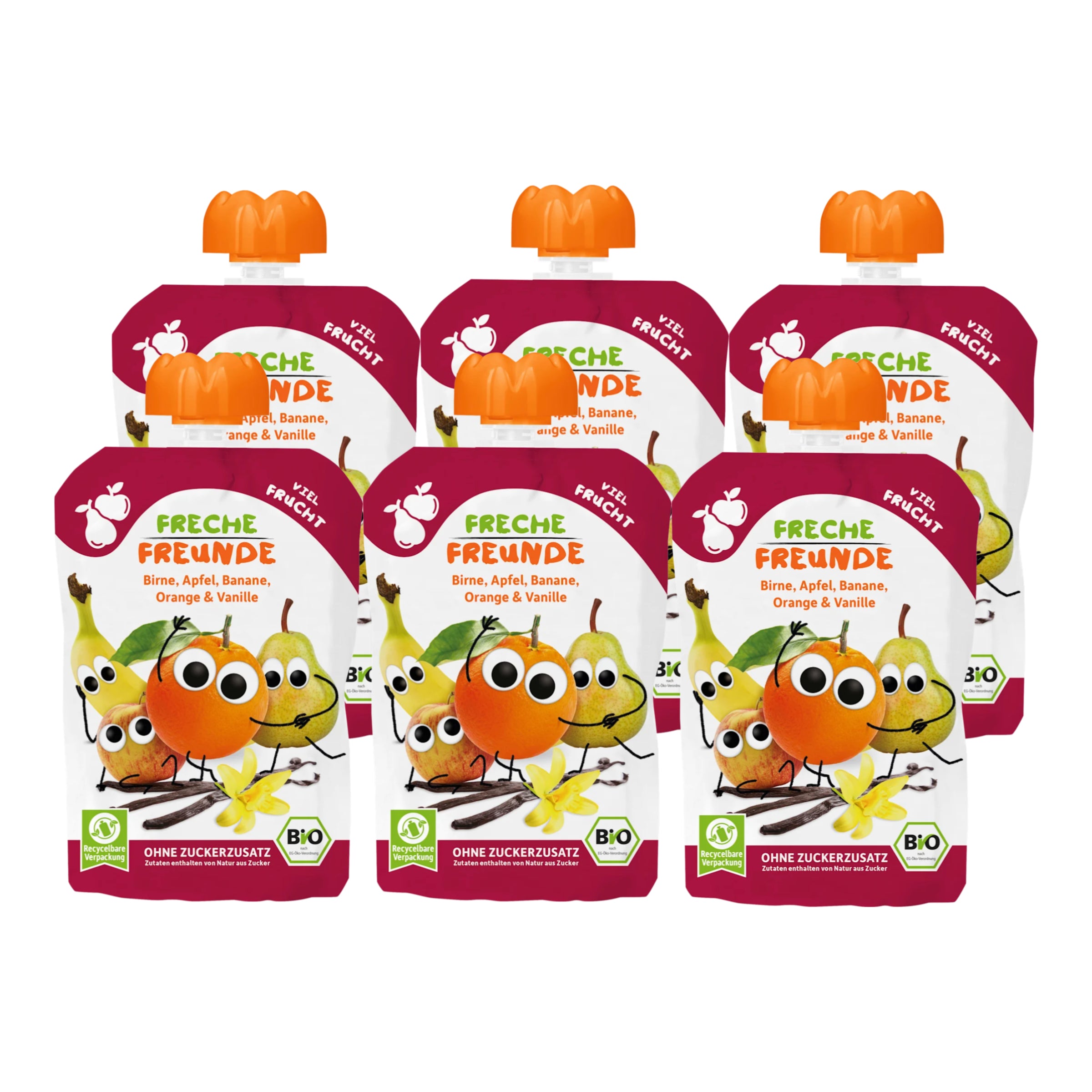 Quetschbeutel Birne, Apfel, Banane, Orange & Vanille 6 x 100g