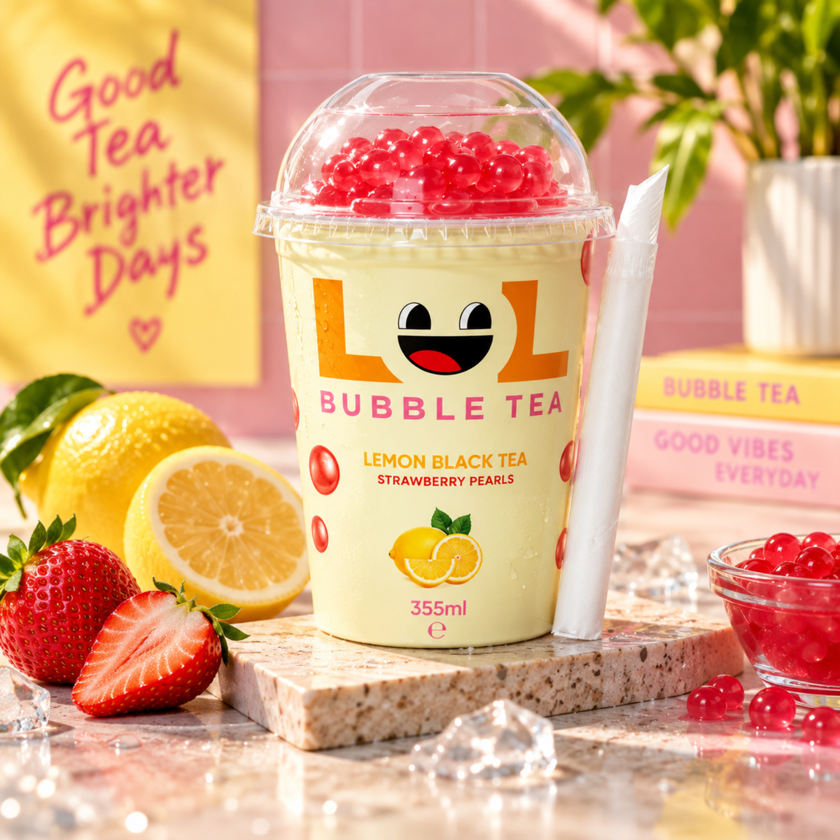 Bubble Tea - Lemon Black Tea & Strawberry Pearls 355ml