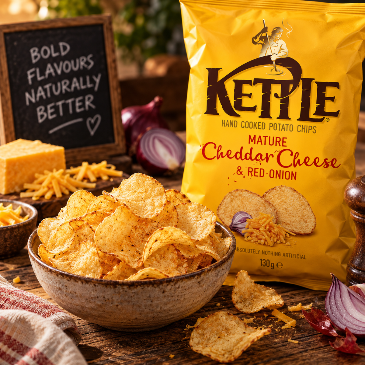 Chips Cheddar affiné et oignon rouge cuites à la main 130 g