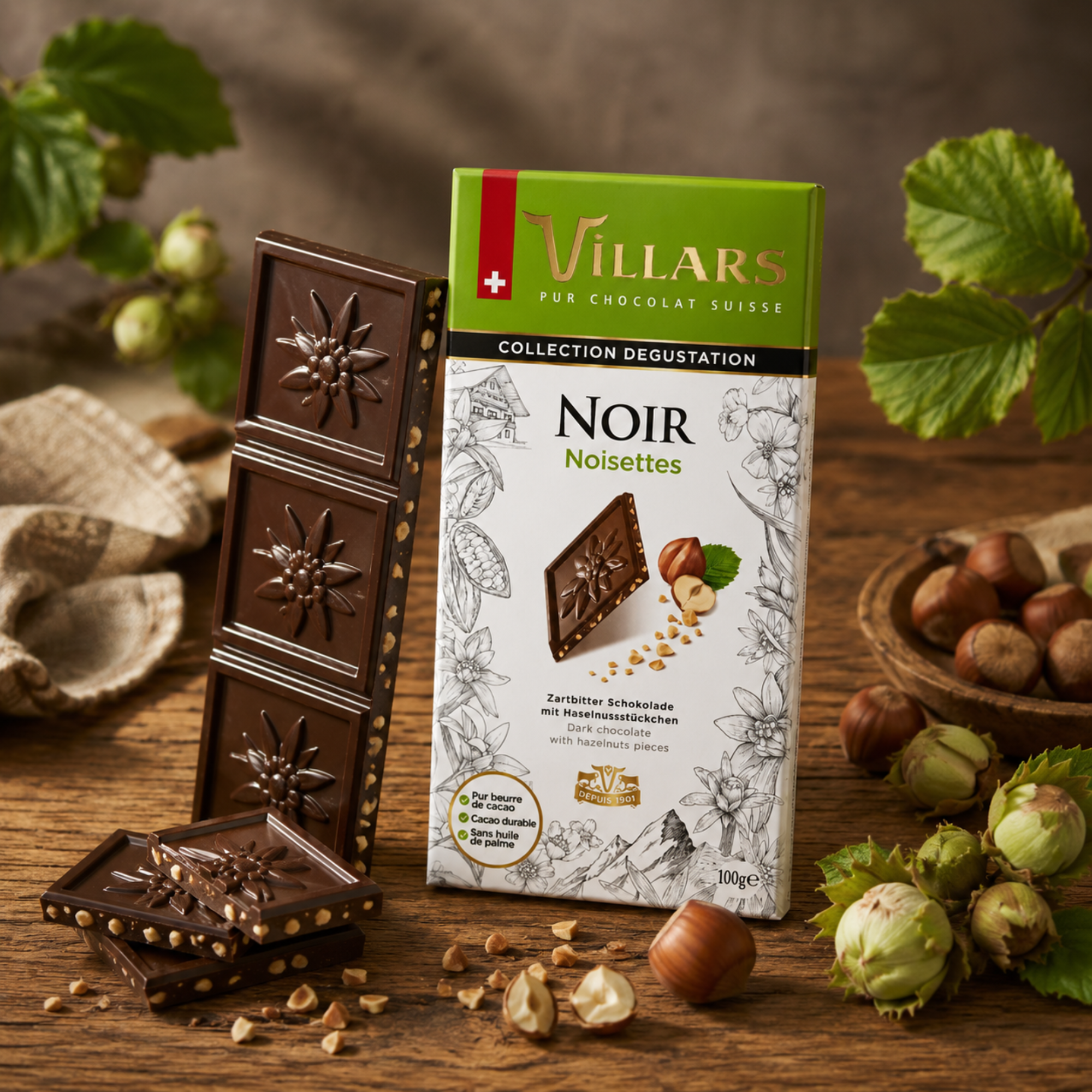 Schweizer Zartbitterschokolade mit Haselnussstückchen 100g