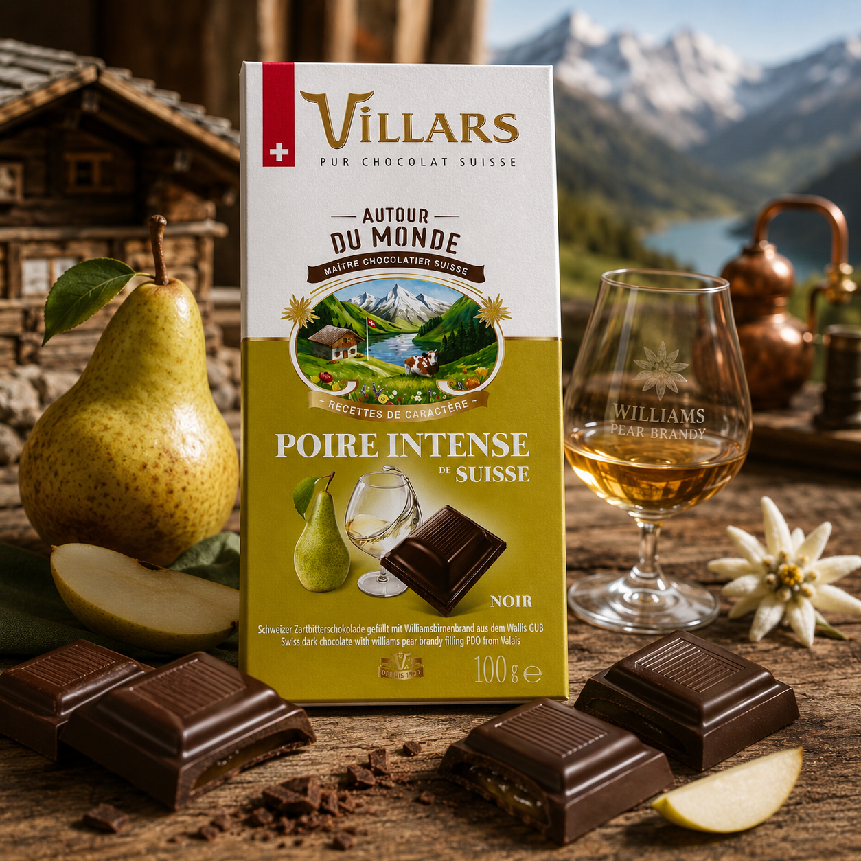 Schweizer Zartbitterschokolade mit Williams-Birnenlikör 100g