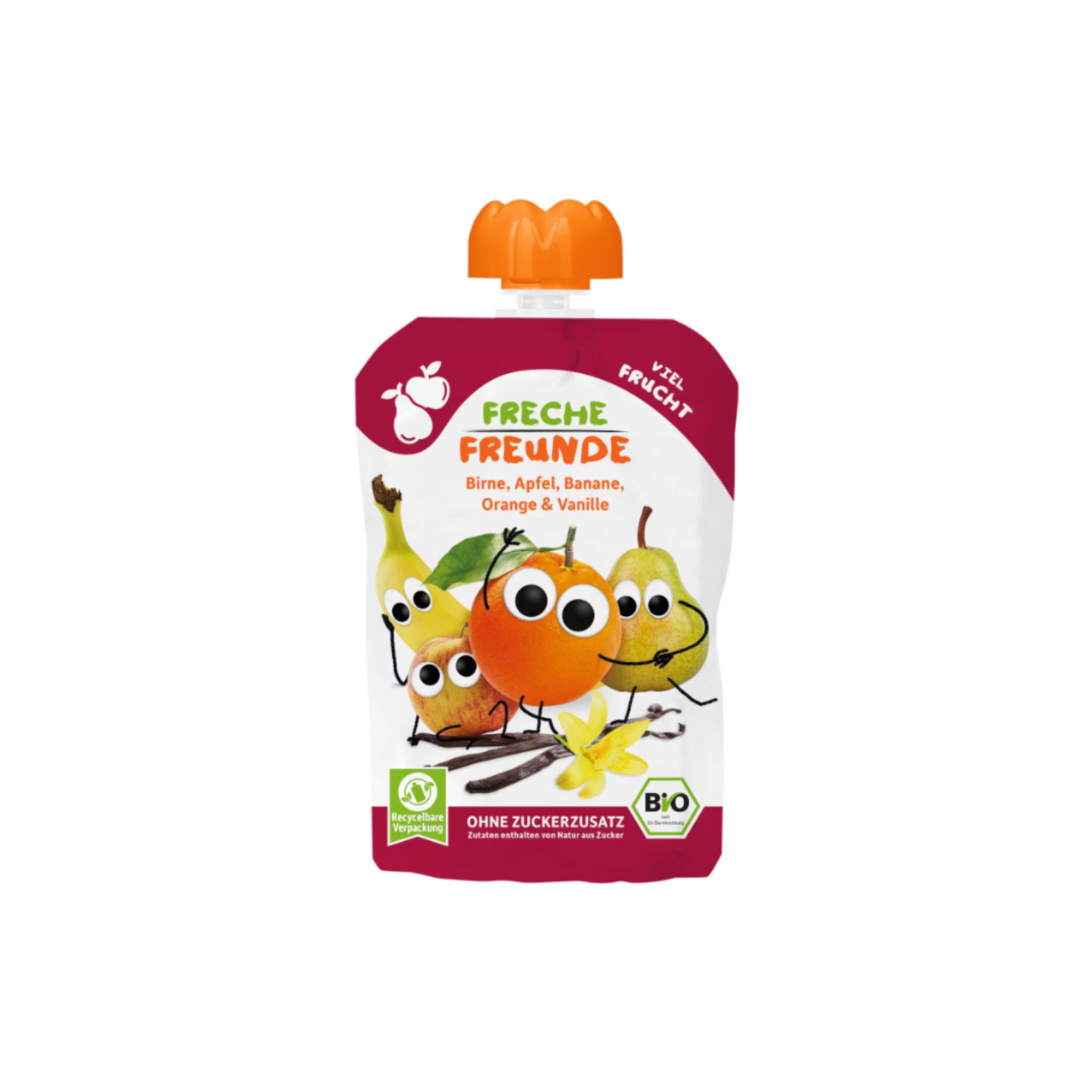 Sachets de jus bio à la poire, à la pomme, à la banane, à l'orange et à la vanille 100 g