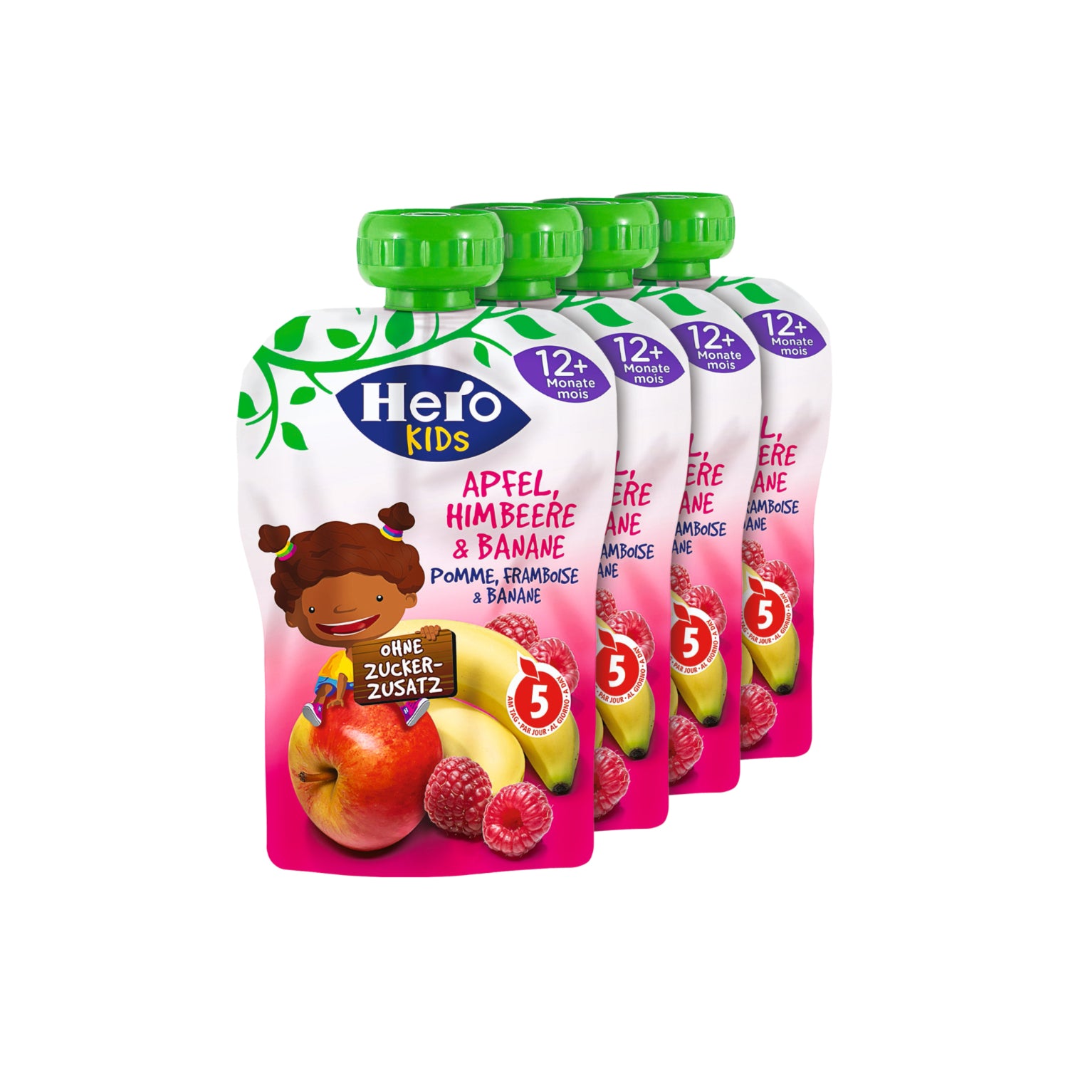Sachets de jus de pomme, framboise et banane, lot de 4 - 480 g 