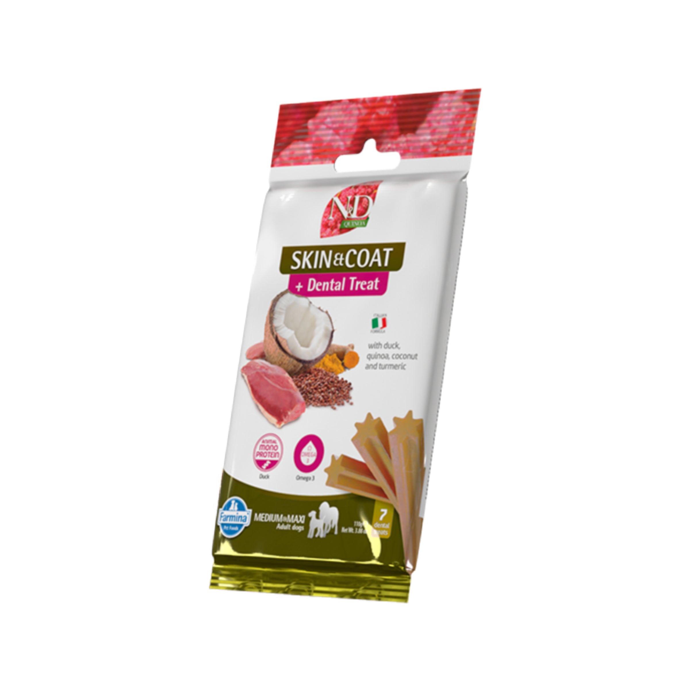 Friandises dentaires pour chiens : canard, quinoa, noix de coco et curcuma, 110 g