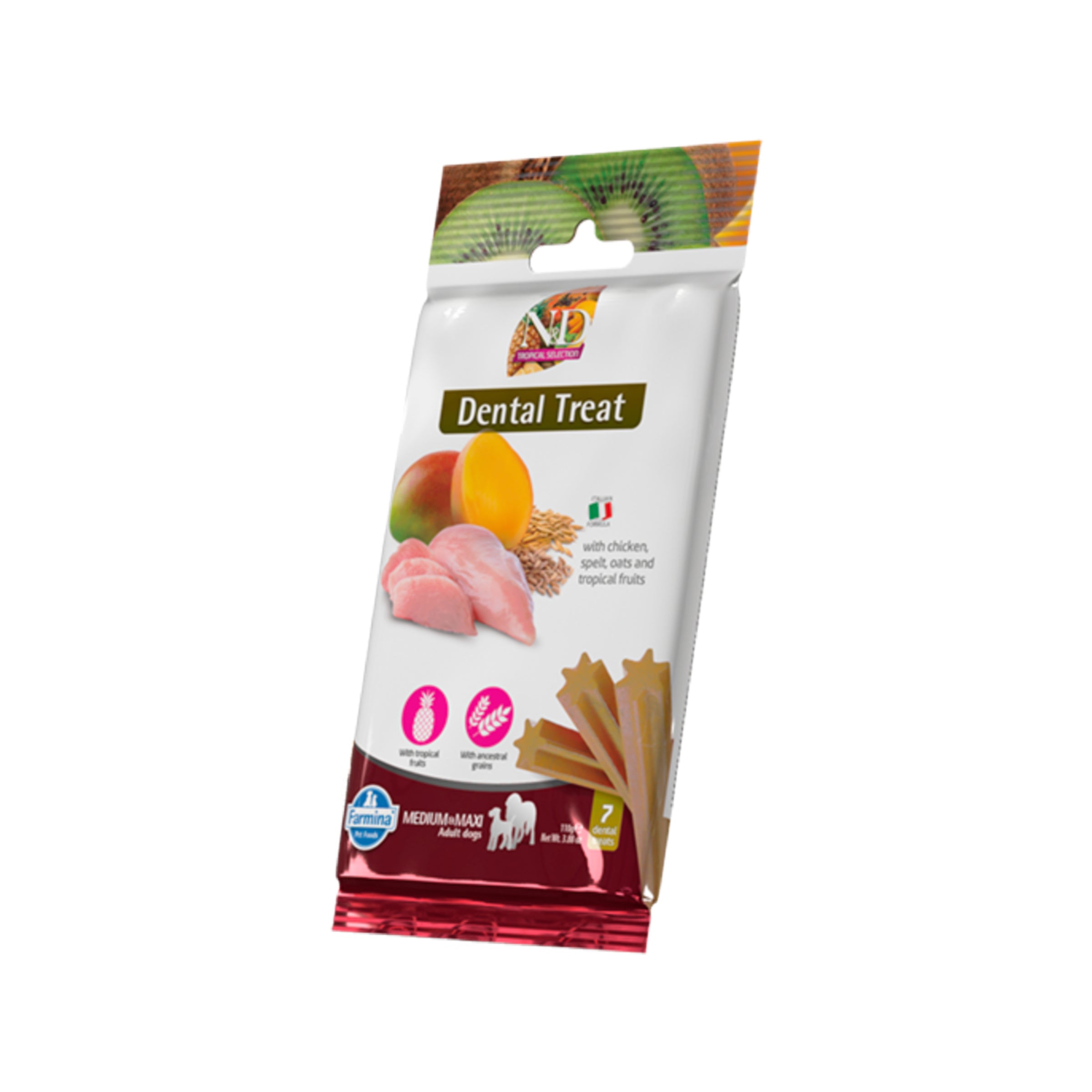 Friandises dentaires pour chiens au poulet, épeautre, flocons d'avoine et fruits tropicaux 110 g