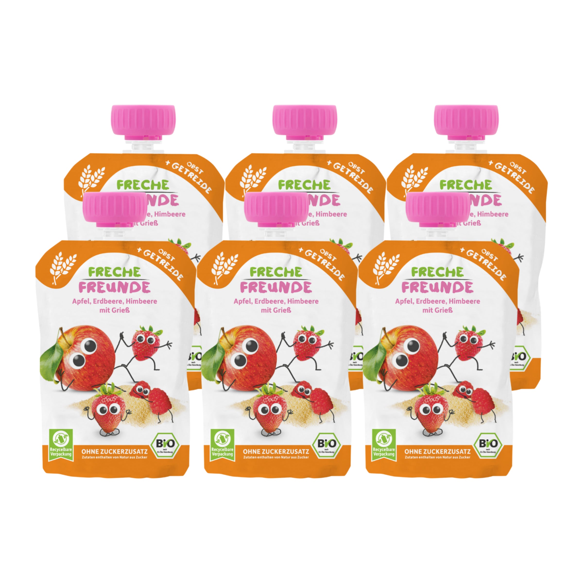 Quetschbeutel Apfel, Erdbeere, Himbeere mit Griess 6 x 100g