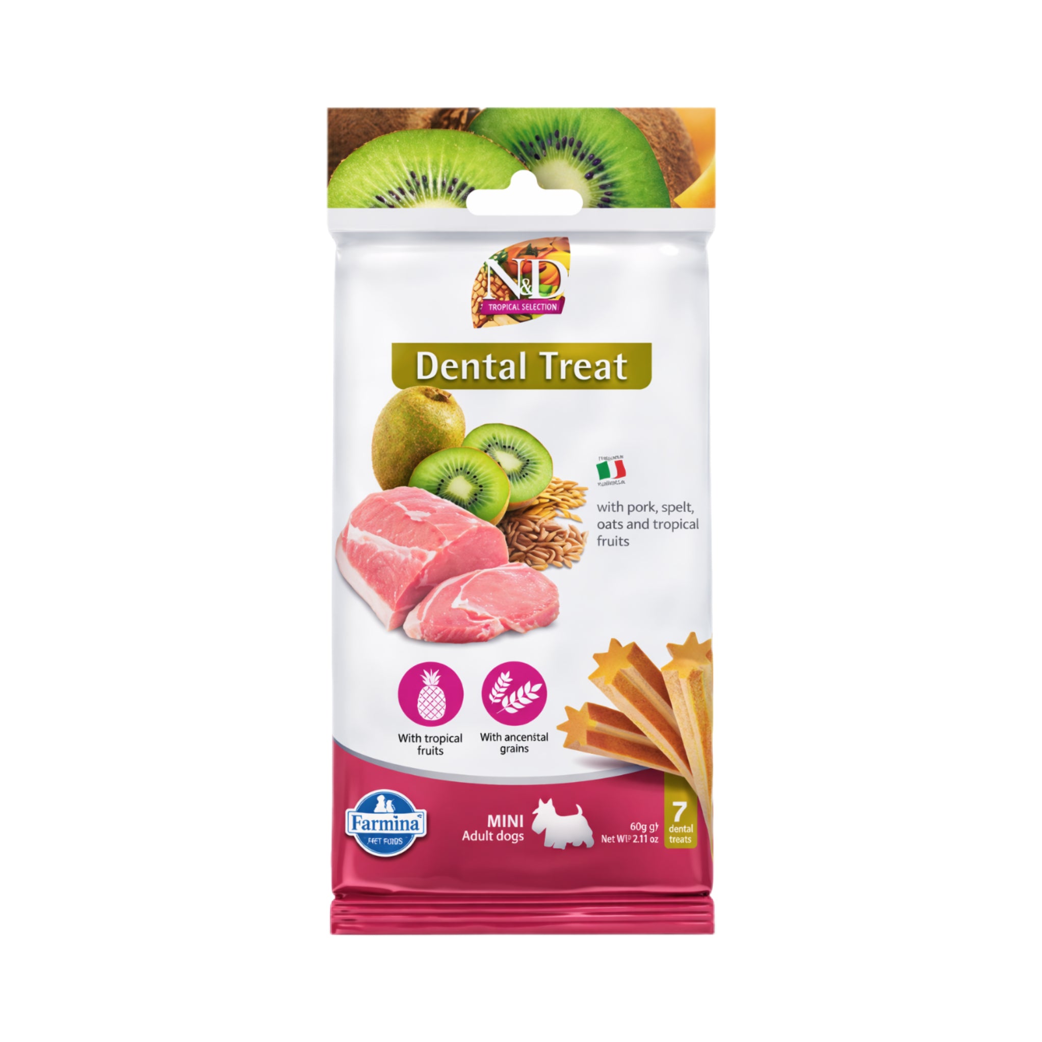Friandises dentaires pour chiens au porc, flocons d'avoine et fruits tropicaux 60 g